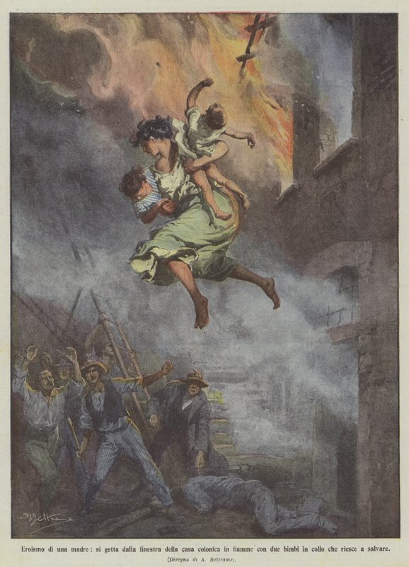 Heroism of a Mother, She Jumps from the Window of the Burning Farmhouse with Two Children in Her Arms by Achille Beltrame