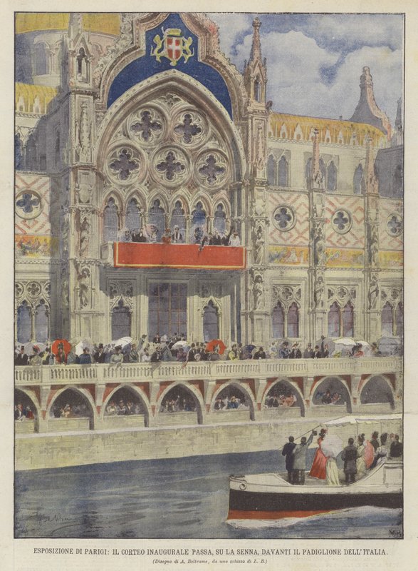 Paris Exposition, The Inaugural Procession Passes on the Seine, in Front of the Italian Pavilion by Achille Beltrame
