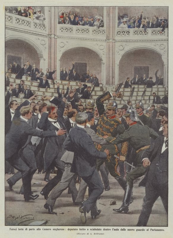 Fierce partisan fights in the Hungarian Chamber, deputy wounded by sabre inside the hall by Achille Beltrame