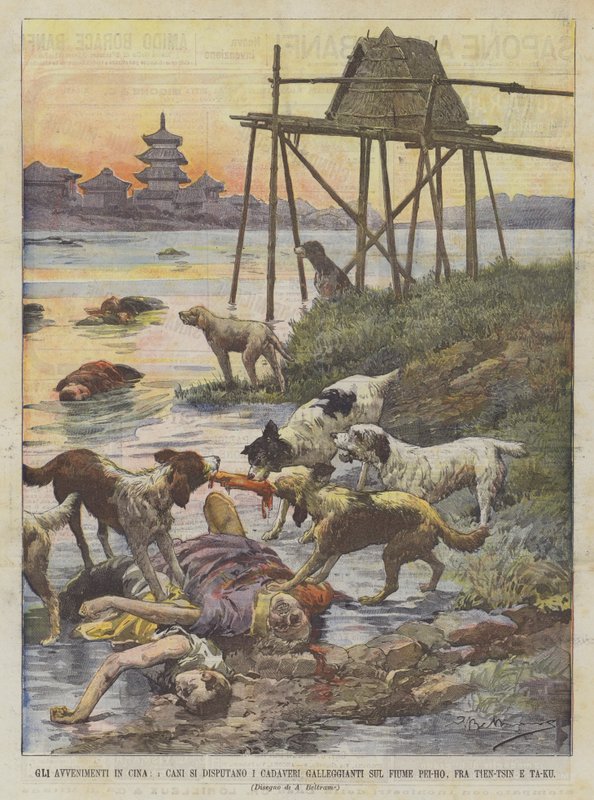 Events in China, Dogs Fighting Over Floating Corpses on the Pei-Ho River Between Tianjin and Ta-Ku by Achille Beltrame
