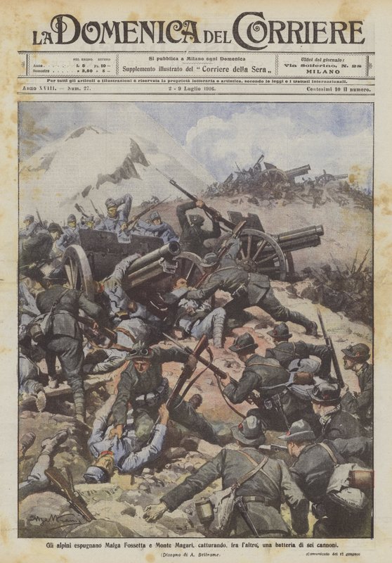 The alpini storm Malga Fossetta and Monte Magari, capturing, among other things, a battery of six cannons by Achille Beltrame