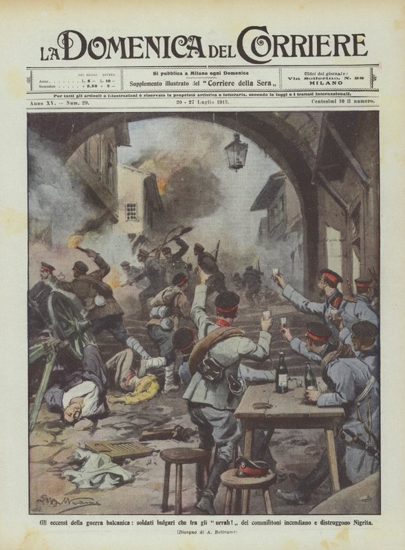 Excesses of the Balkan war, Bulgarian soldiers setting fire amidst the cheers of comrades by Achille Beltrame