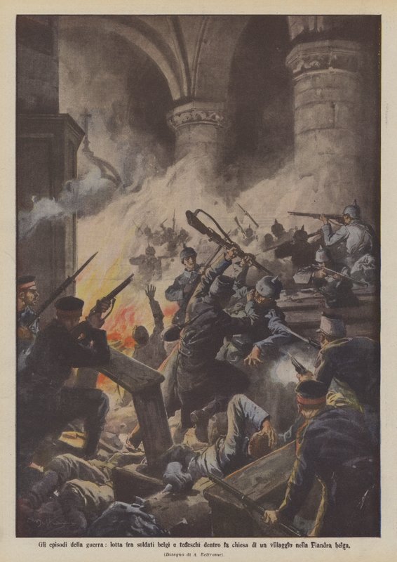 Episodes of the War, Battle Between Belgian and German Soldiers Inside a Village Church in Belgian Flanders by Achille Beltrame