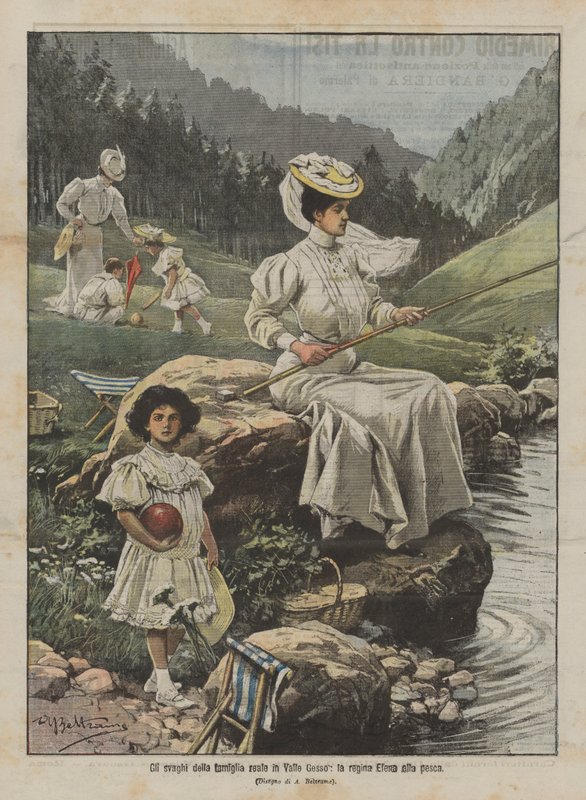 The pastimes of the royal family in Valle Gesso, Queen Elena fishing by Achille Beltrame