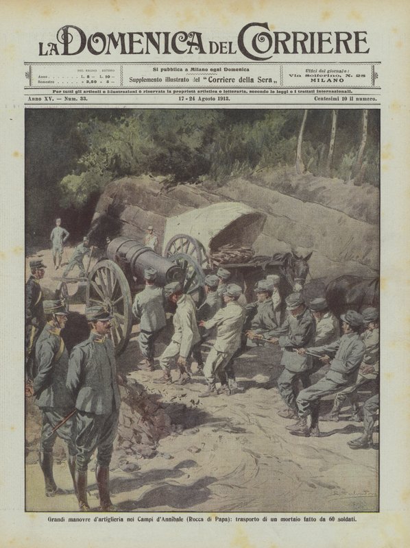 Great artillery maneuvers in the Fields of Hannibal (Rocca di Papa), transport of a mortar by 60 soldiers by Achille Beltrame