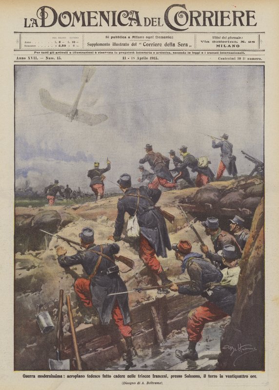 Very modern war, German airplane shot down in French trenches, near Soissons by Achille Beltrame