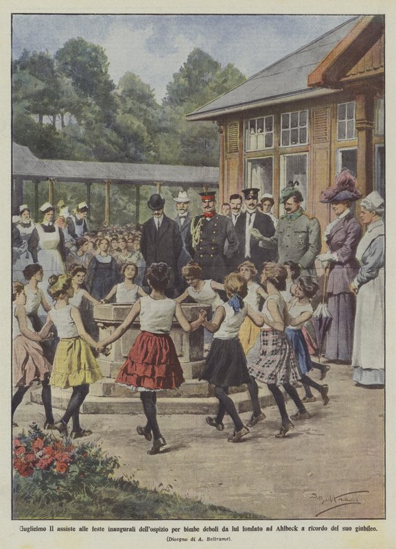 Wilhelm II attends the inaugural celebrations of the hospice for weak girls he founded in Ahlbeck by Achille Beltrame