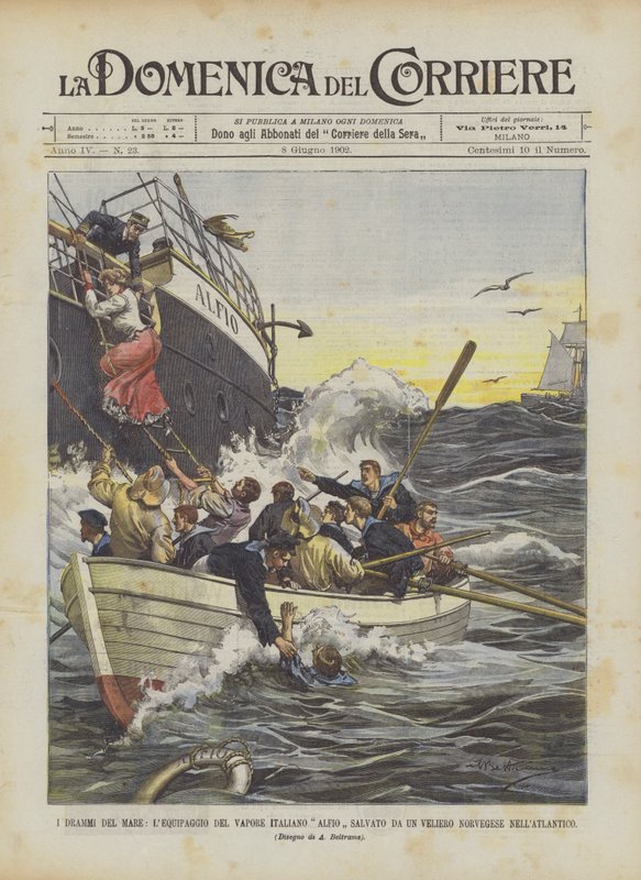 The Dramas of the Sea, The Crew of the Italian Steamer Alfio Saved by a Norwegian Sailing Ship in the Atlantic by Achille Beltrame