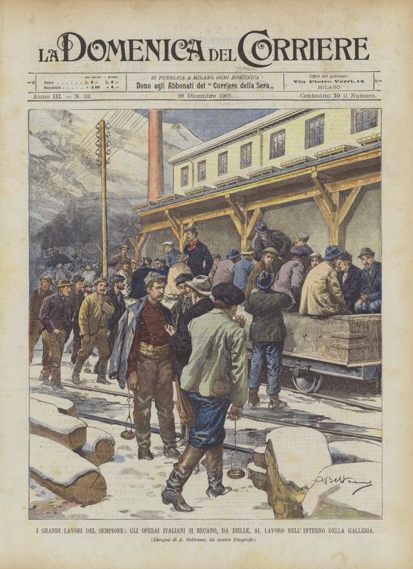 The Great Works of the Simplon, Italian Workers Going from Iselle to Work Inside the Tunnel by Achille Beltrame