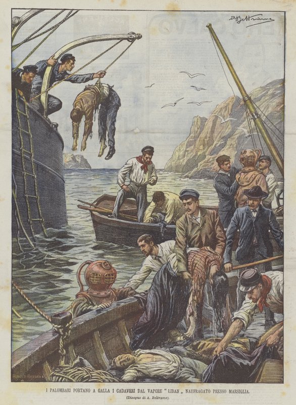 Divers Bring Up the Bodies from the Liban Steamer Wrecked Near Marseille by Achille Beltrame