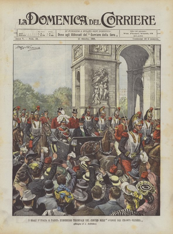 The Italian Royals in Paris, The Triumphal Entry of the Procession into the Avenue des Champs-Elysees by Achille Beltrame