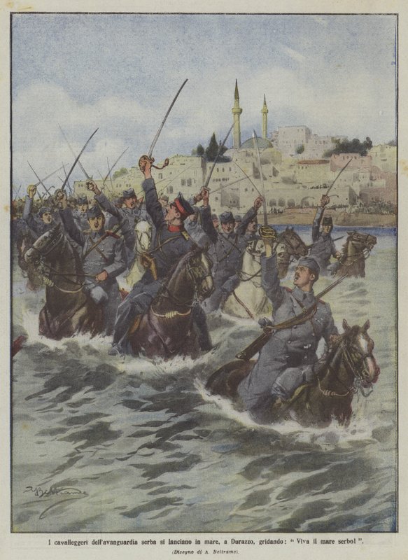 The Serbian vanguard cavalrymen throw themselves into the sea at Durazzo, shouting, Long live the Serbian sea by Achille Beltrame