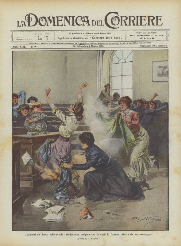 The Dramas of Fire in Schools, Parisian Student with Burning Clothes Saved by a Companion by Achille Beltrame