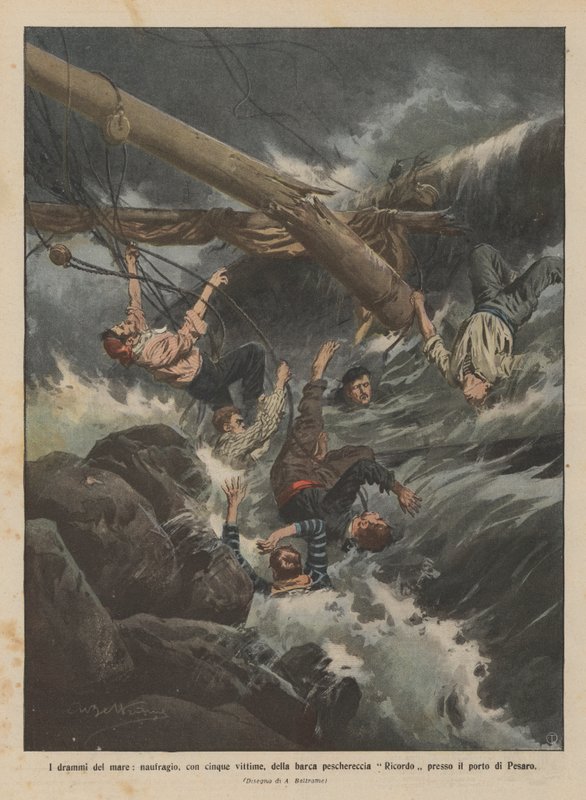 The dramas of the sea, shipwreck with five victims of the fishing boat Ricordo near the port of Pesaro by Achille Beltrame