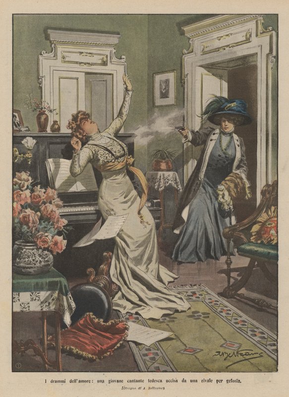 The dramas of love, a young German singer killed by a rival out of jealousy by Achille Beltrame