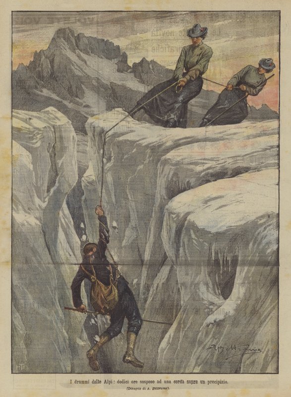 The Dramas of the Alps, Twelve Hours Suspended on a Rope Above a Precipice by Achille Beltrame