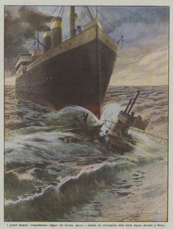 The great disasters, German ocean liner that hits, breaks and sinks a submarine by Achille Beltrame