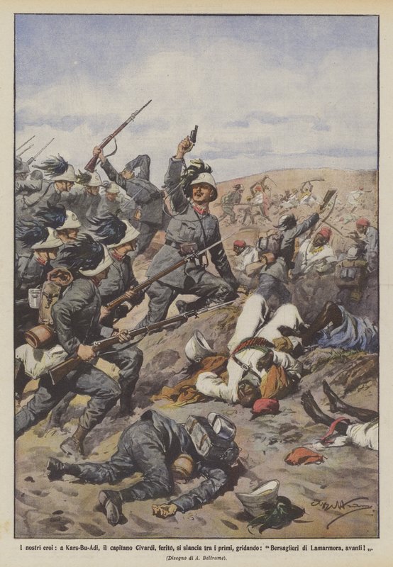 Our heroes, at Kars-Bu-Adi, Captain Civardi, wounded, rushes among the first, shouting by Achille Beltrame