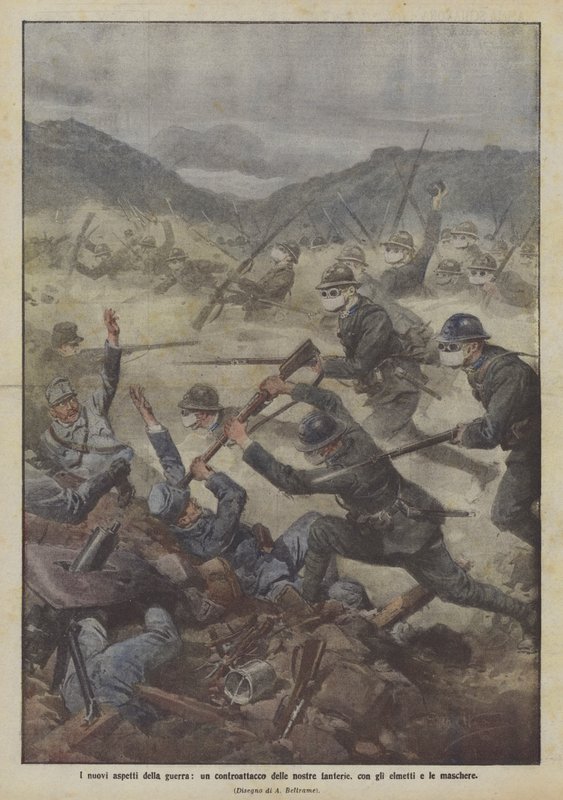 The New Aspects of War, a Counterattack by Our Infantry, with Helmets and Masks by Achille Beltrame