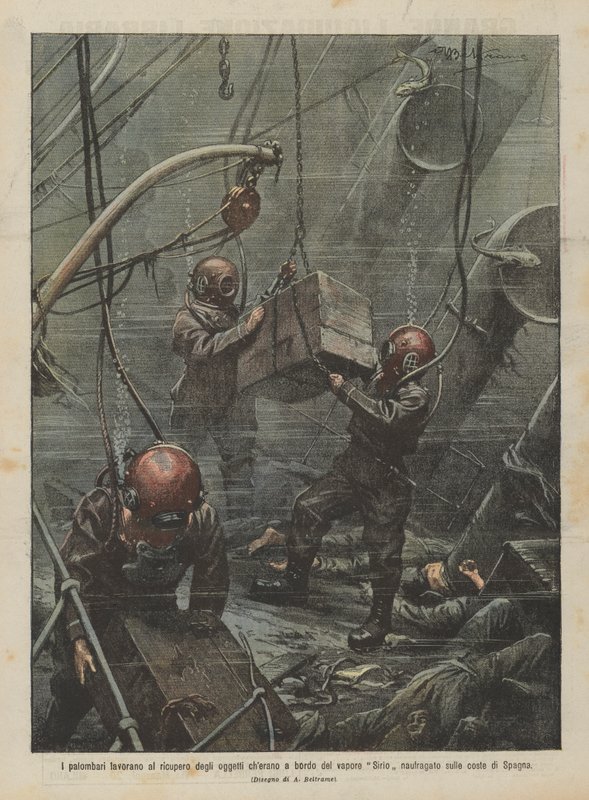 Divers work to recover objects from the steamer Sirio wrecked off the coast of Spain by Achille Beltrame