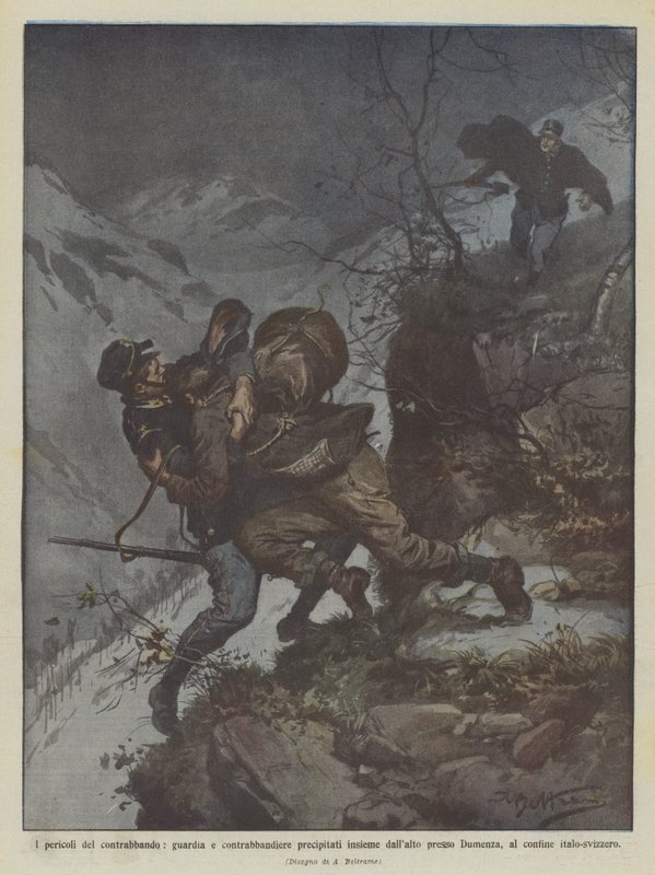 The Dangers of Smuggling, Guard and Smuggler Fall Together from a Height Near... by Achille Beltrame
