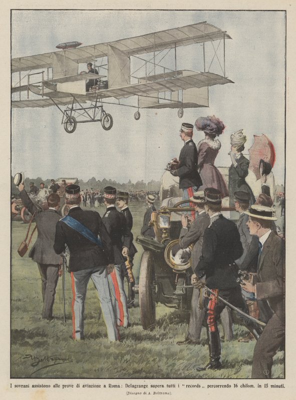 The sovereigns attend aviation trials in Rome, Delagrange breaks all records by Achille Beltrame