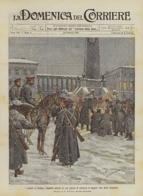 The riots in Russia, the current appearance of a square in Warsaw following the state of siege by Achille Beltrame