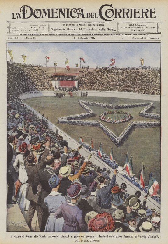 The Christmas of Rome at the National Stadium, in front of the Royal box, the children of the schools by Achille Beltrame