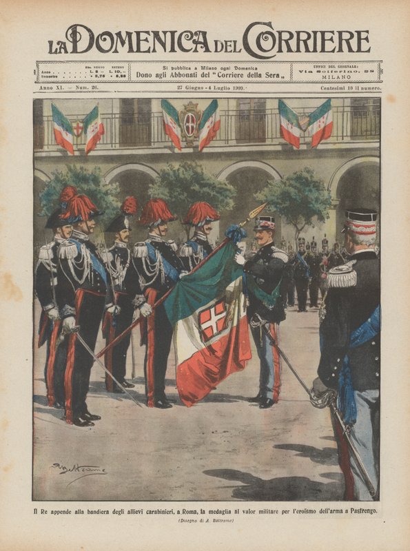 The King attaches the military valor medal to the flag of the Carabinieri cadets, in Rome by Achille Beltrame