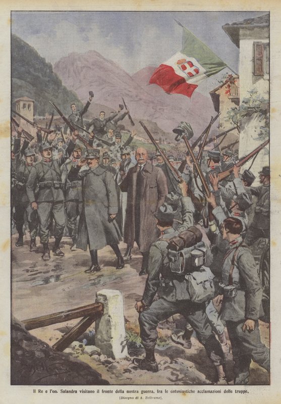 The King and Salandra visit the front of our war, among the enthusiastic acclamations of the troops by Achille Beltrame