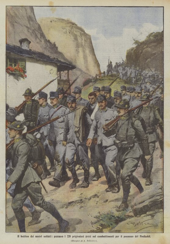 The spoils of our soldiers, passing the 220 prisoners taken in the battles for the possession of Freikofel by Achille Beltrame