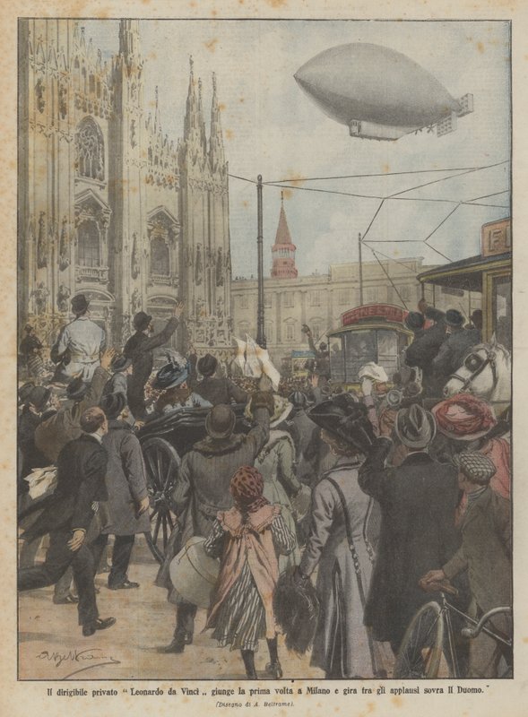 The Private Airship Leonardo da Vinci Arrives for the First Time in Milan and Circles Above the Duomo to Applause by Achille Beltrame