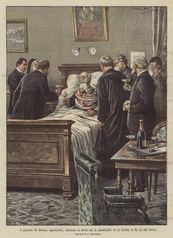 General De Sonnaz, dying, dons his uniform with decorations and toasts the King and the Fatherland by Achille Beltrame