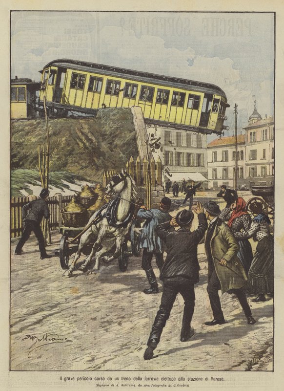 The serious danger faced by an electric railway train at the Varese station by Achille Beltrame