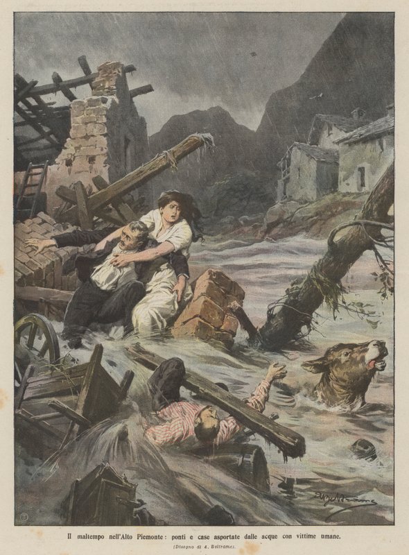 Bad weather in Upper Piedmont, bridges and houses swept away by the waters with human victims by Achille Beltrame