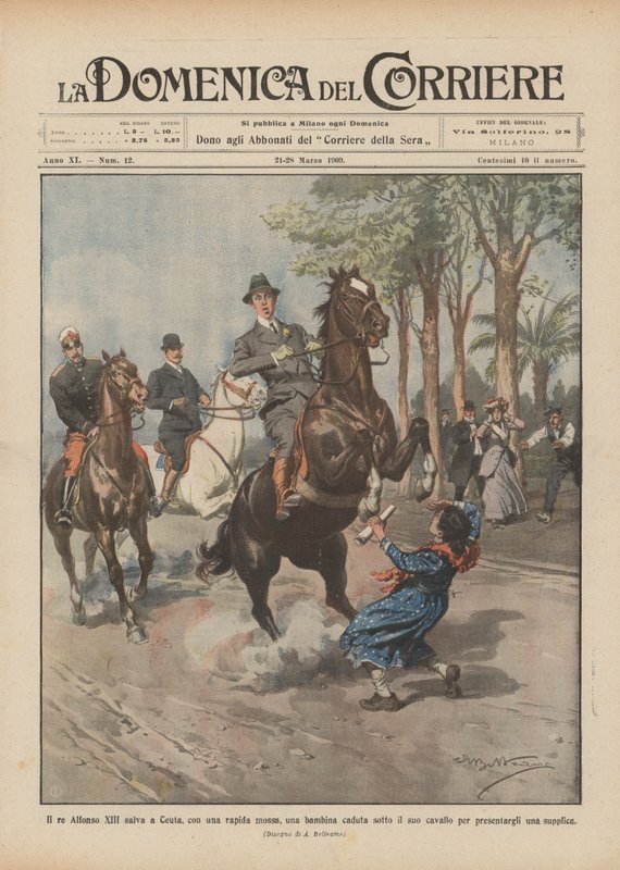 King Alfonso XIII saves a girl in Ceuta with a quick move, after she fell under his horse by Achille Beltrame