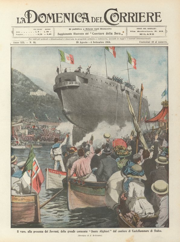 The launch, in the presence of the Sovereigns, of the great battleship Dante Alighieri from the Castellammare di Stabia shipyard by Achille Beltrame