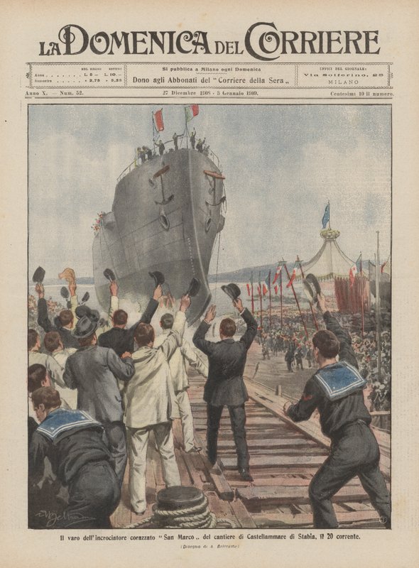 The Launch of the Armored Cruiser San Marco from the Castellammare di Stabia Shipyard on the 20th by Achille Beltrame