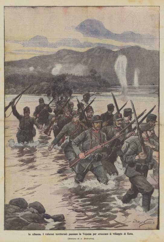 In Albania, the valiant territorials cross the Vojussa to attack the village of Kuta by Achille Beltrame