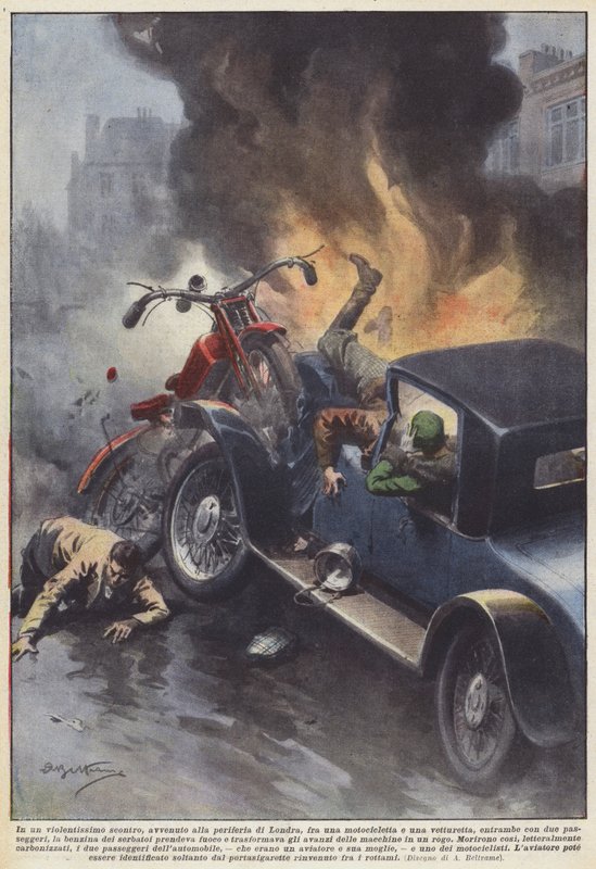 In a violent clash on the outskirts of London, between a motorcycle and a by Achille Beltrame