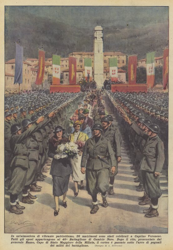 In an atmosphere of vibrant patriotism, 26 marriages were celebrated in Caprino Veronese by Achille Beltrame