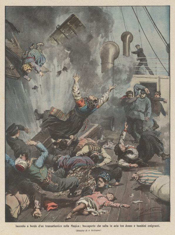 Fire on board a transatlantic liner in the English Channel, hatch explodes among emigrant women and children by Achille Beltrame