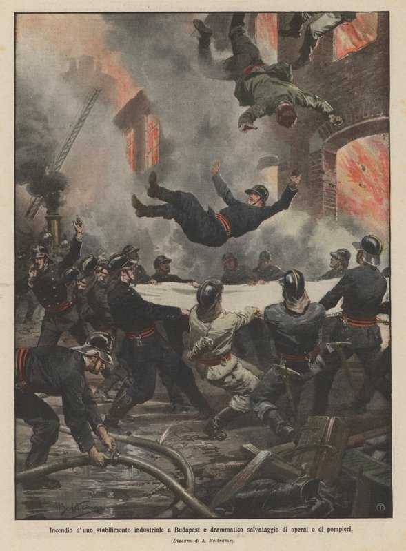 Fire at an industrial plant in Budapest and dramatic rescue of workers and firefighters by Achille Beltrame