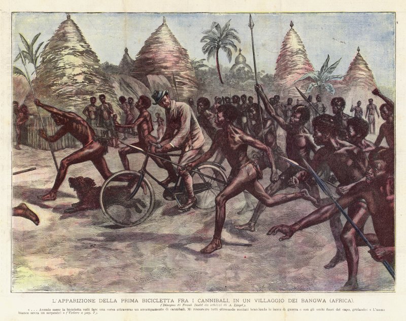 The Appearance of the First Bicycle among the Cannibals, in a Village of the Bangwa (Africa) by Achille Beltrame