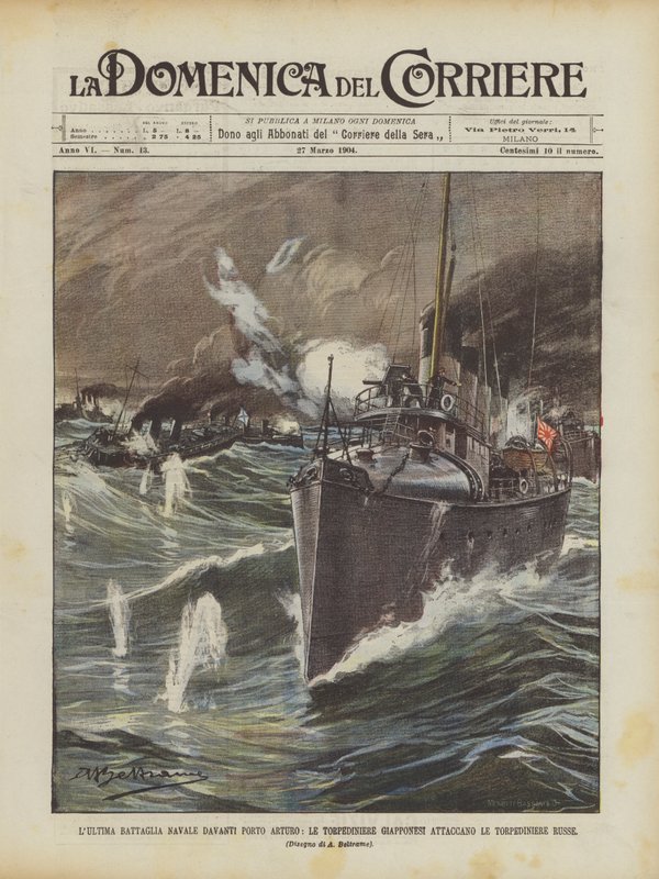 The Last Naval Battle in Front of Port Arthur, Japanese Torpedo Boats Attack Russian Torpedo Boats by Achille Beltrame