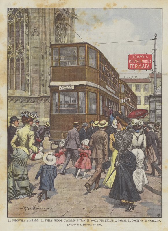 Spring in Milan, the Crowd Storms the Monza Trams to Spend Sunday in the Countryside by Achille Beltrame