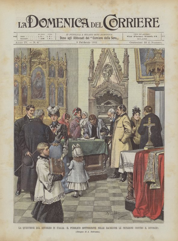 The Divorce Issue in Italy, the Public Subscribes in the Sacristies to Petitions Against Divorce by Achille Beltrame