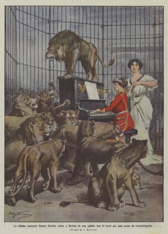 The Famous Singer Emma Destinn Sings in Berlin in a Cage with 14 Lions for a Cinematographic Scene by Achille Beltrame