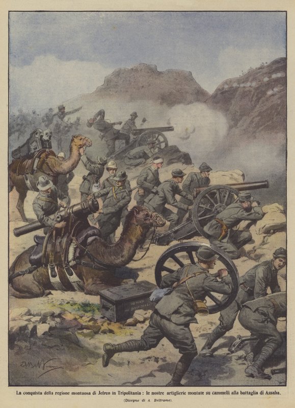 The conquest of the mountainous region of Jefren in Tripolitania, our artillery mounted by Achille Beltrame