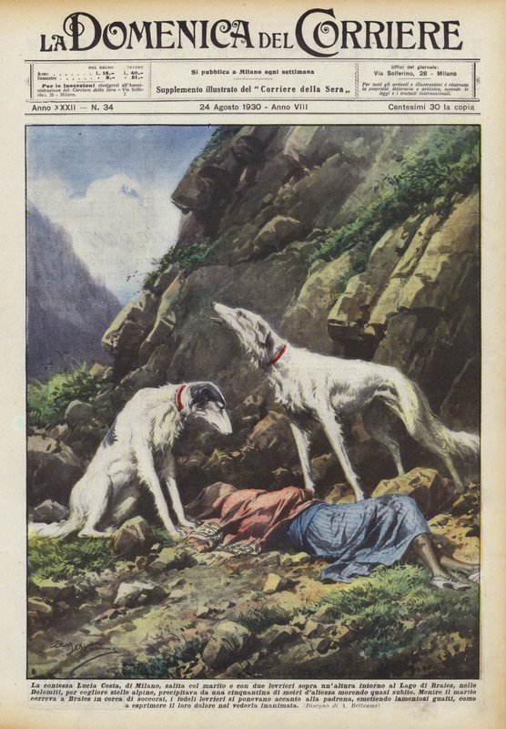 Countess Lucia Costa of Milan, climbed with her husband and two greyhounds on a hill around by Achille Beltrame